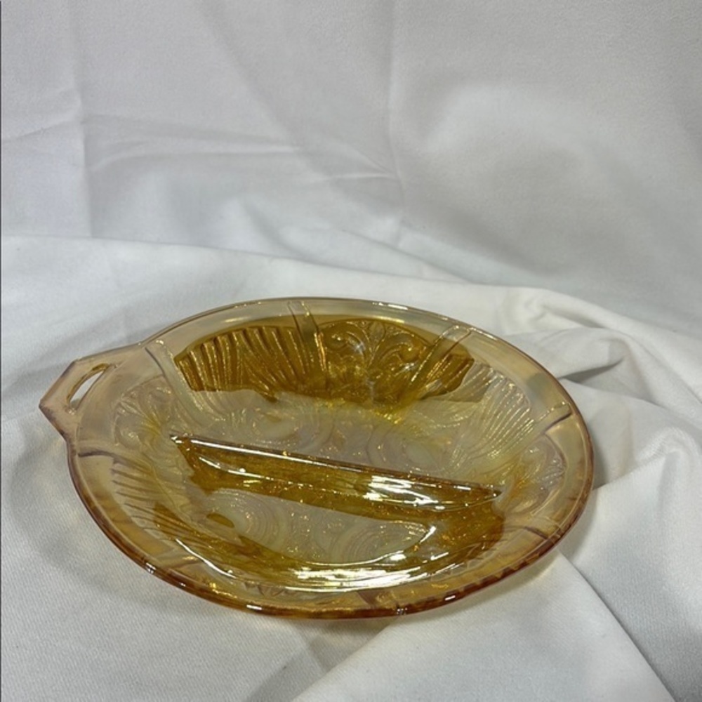 Vintage Indiana Killarney Carnival Marigold Glass Divided Candy Dish Bowl Amber
